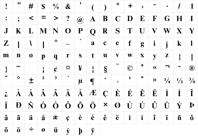 Times New Roman MT Std Bold  glyph index