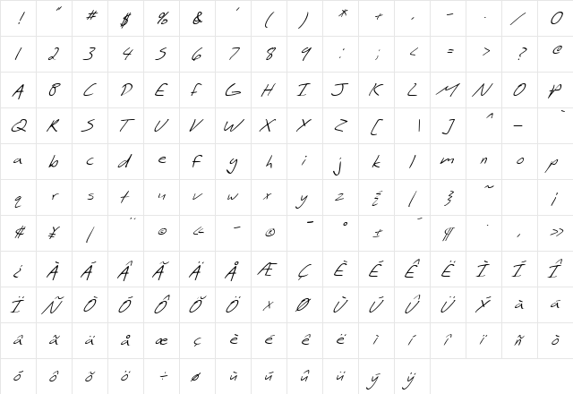 SF Scribbled Sans Italic  glyph index