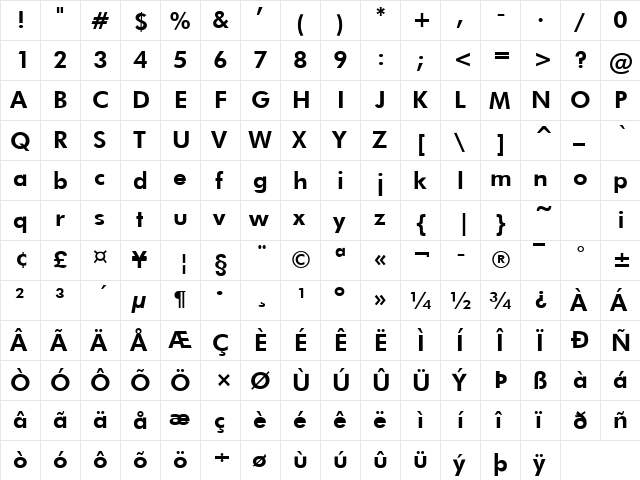 Futuri Heavy Regular  glyph index