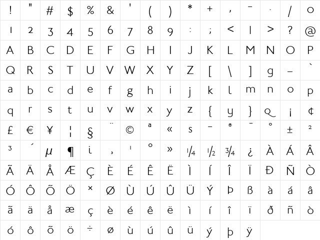 Johnston ITC Light  glyph index