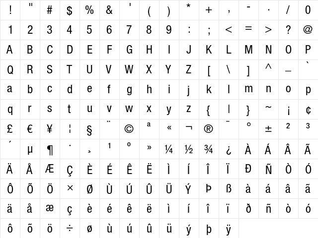 Helvetica Neue LT Regular  glyph index
