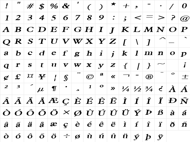 Nadine-Extended Bold Italic  glyph index