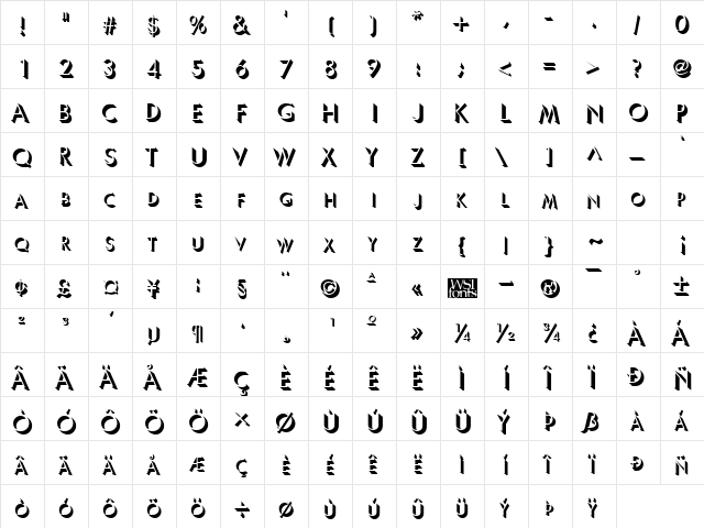 UltraShadow Regular  glyph index