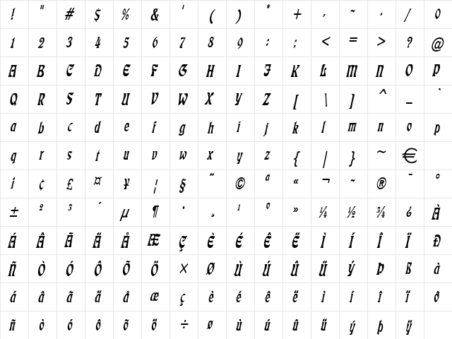 FreedomThin Italic  glyph index
