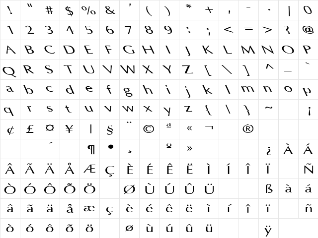 Optima Wd Lefty Regular  glyph index