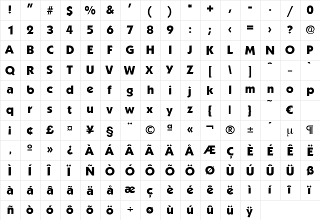 Koblenz-Bold Regular  glyph index