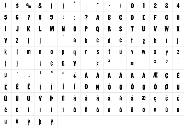 ConoverSSK Regular  glyph index