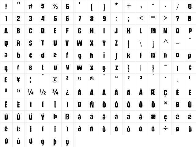 Structia War Regular  glyph index