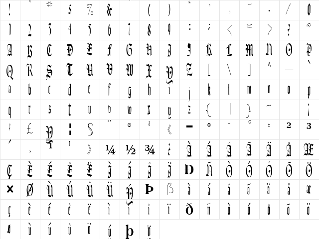 Authur Regular  glyph index