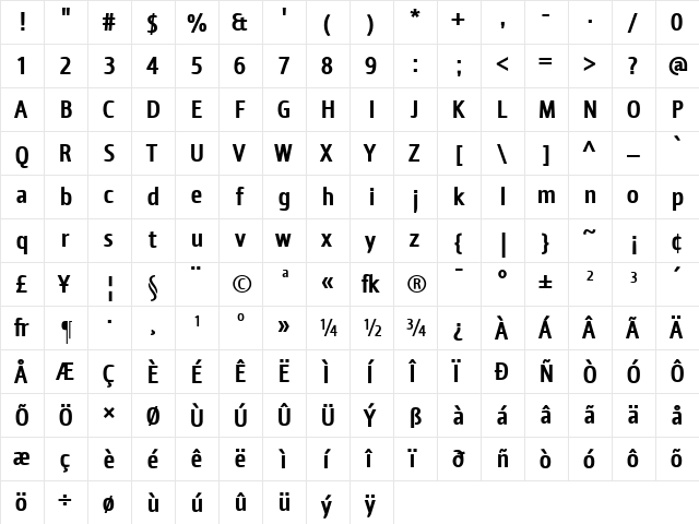 DioneBold Regular  glyph index