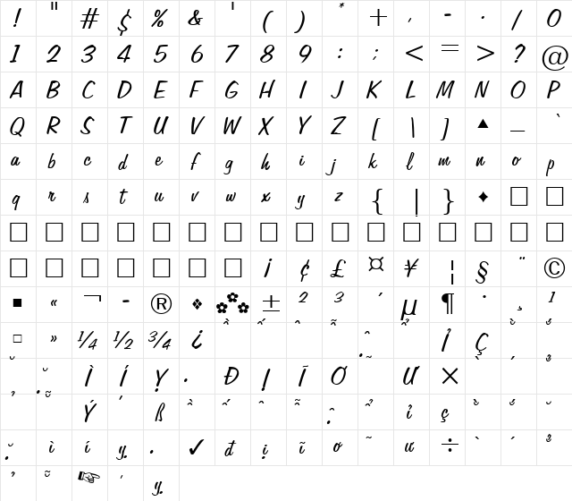 VNI-Freewrite Italic  glyph index