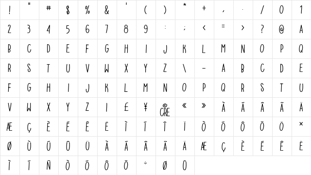 easy cre Regular  glyph index