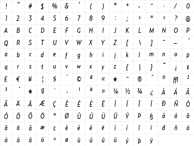 RelayCond-RegularItalic Regular  glyph index