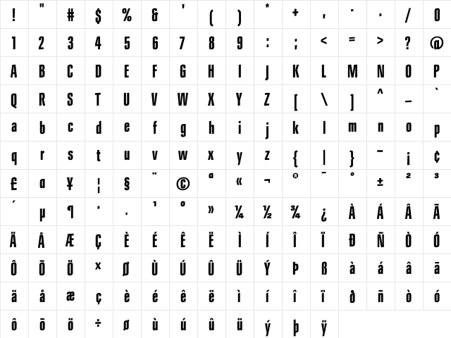 LanceCondensed Bold  glyph index