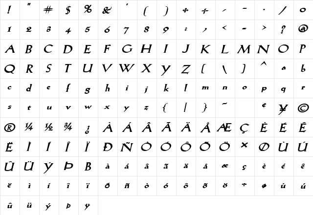 Salem-Extended Bold Italic  glyph index