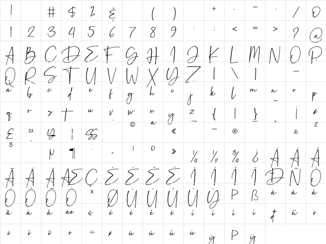 Beatrise Regular  glyph index