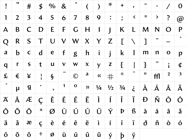 Amira Semibold  glyph index