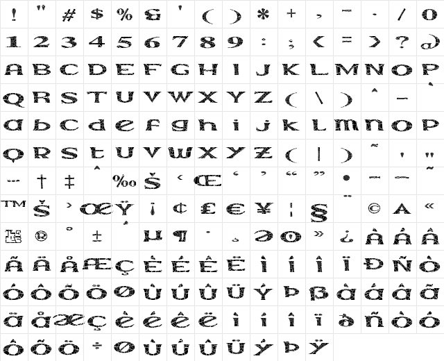 Extrano - Arano Regular  glyph index