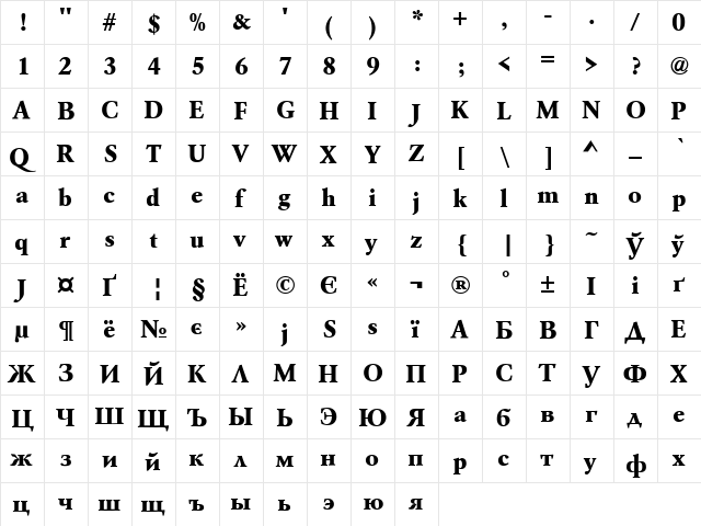 AZGaramondExtraBoldCTT Regular  glyph index