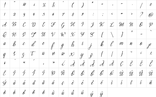 Brightside Typeface Regular  glyph index