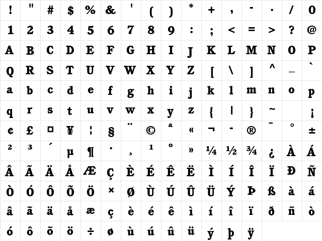 ITC Cushing Std Heavy  glyph index