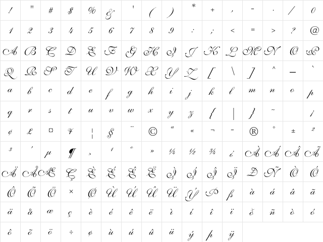 Allegretto Script TwoC Regular  glyph index