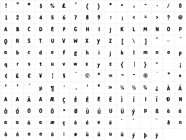 TarzanaNarrowBold Regular  glyph index