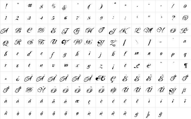 Mascara Regular  glyph index