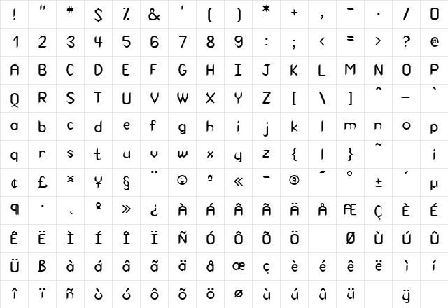 RODNEY Regular  glyph index