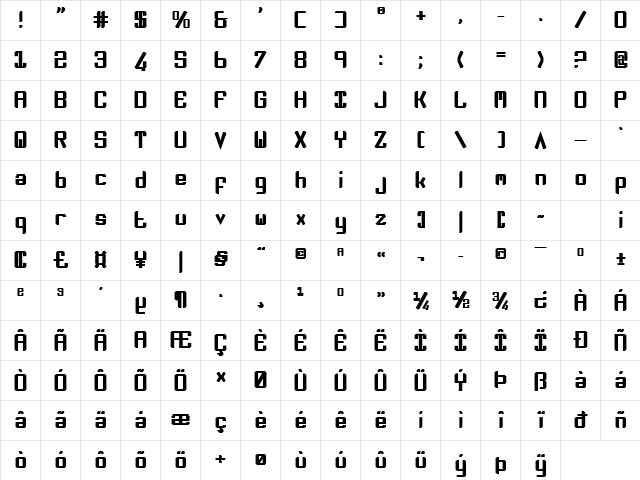 Zee Lance Bold Bold  glyph index