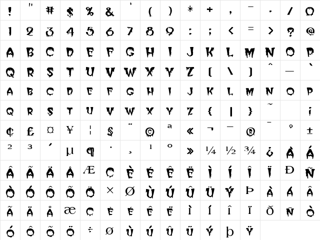 Roaring Regular  glyph index