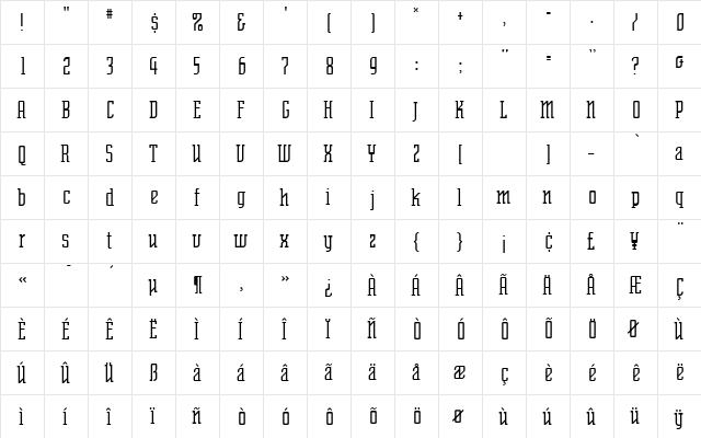 SenatorThin Regular  glyph index