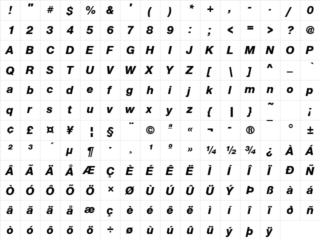 NimbusSanNovTHea Italic  glyph index