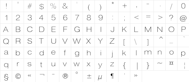 HeliosExtThin Regular  glyph index