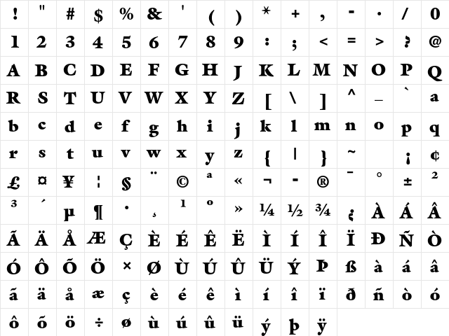 ITC Galliard Std Ultra  glyph index