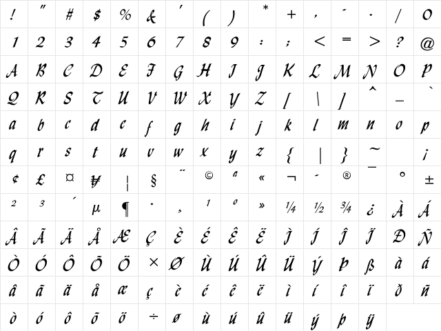 Lisbon Cursive Regular  glyph index