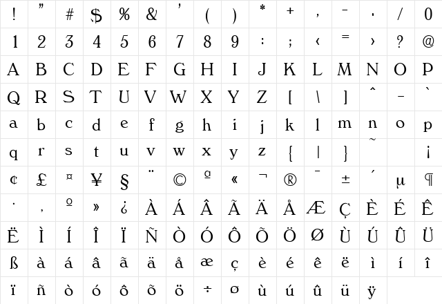 Verona-Serial-Light Regular  glyph index