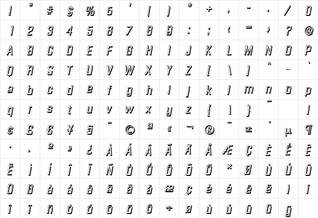 DiamanteShadow Italic  glyph index