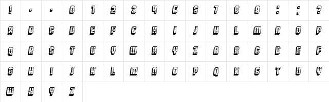 Broadway 3D Italic  glyph index