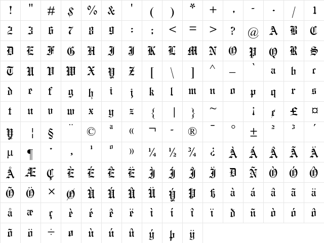 Engravers Old English MT Std Regular  glyph index