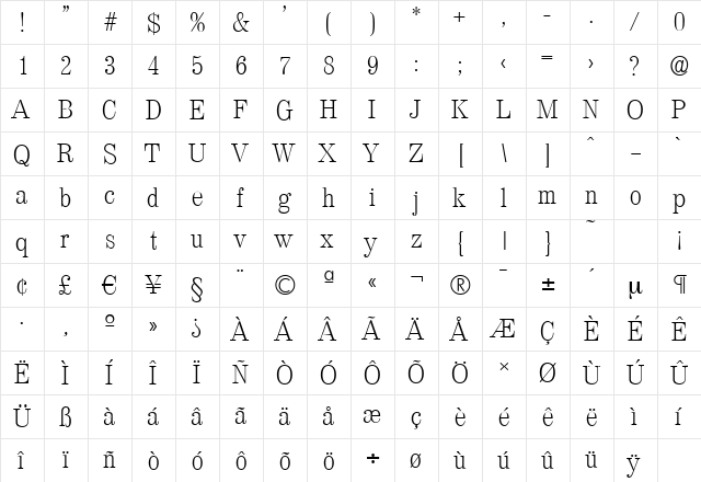 ValenciaSerial-Xlight Regular  glyph index