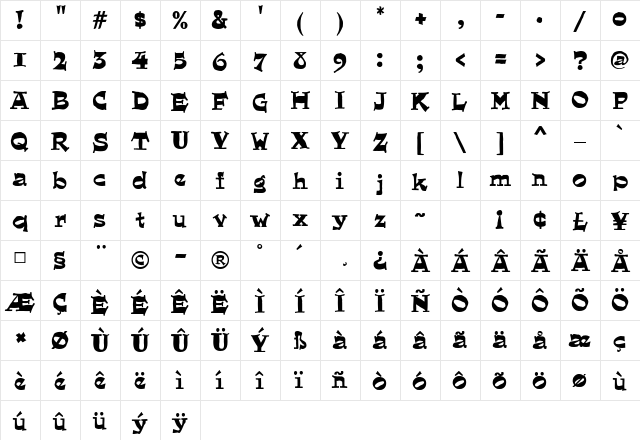 Quaint MF Regular  glyph index