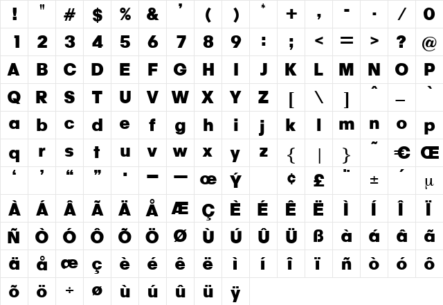 Winner Regular  glyph index