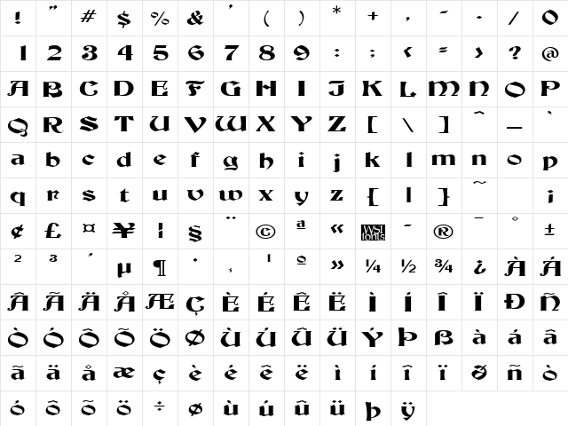 BuckinghamWide Regular  glyph index