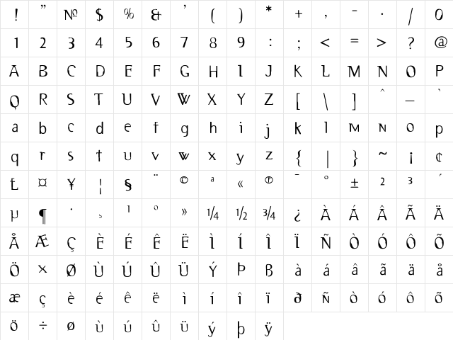 Deux Regular  glyph index