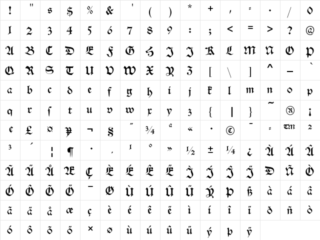 Alte Schwabacher D Regular  glyph index