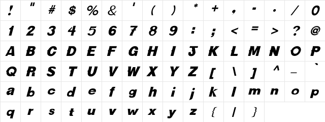 NewBold Italic Italic  glyph index