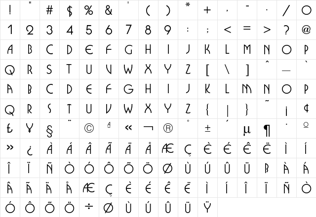 Busorama Medium  glyph index