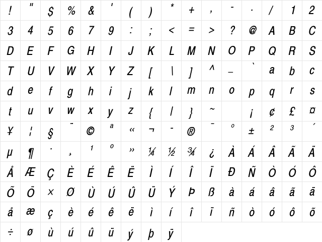 Xerox Sans Serif Narrow Oblique  glyph index