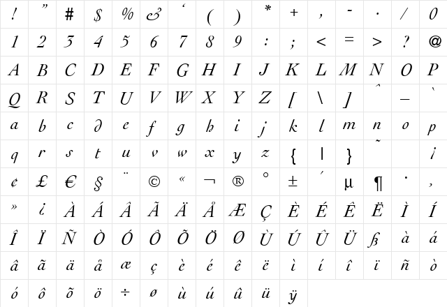 Lega Italic  glyph index